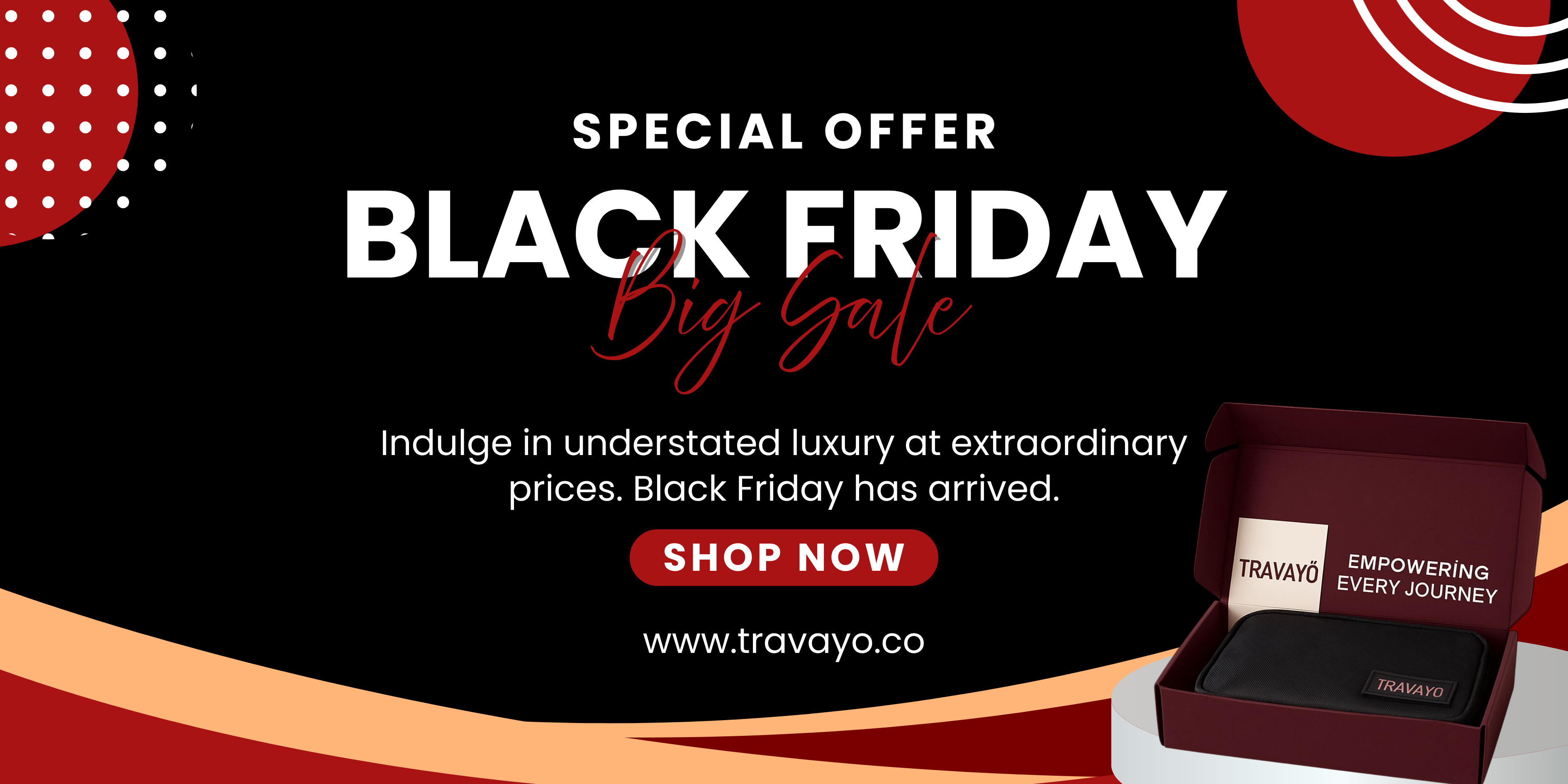 TRAVAYO Black Friday promotional banner with travel product packaging and call to action text.